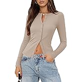 Gleenat Womens Ribbed Long Sleeve Going Out Tops Button Down Up Cardigan Sweaters Lightweight Regular Length Cute Cardigan