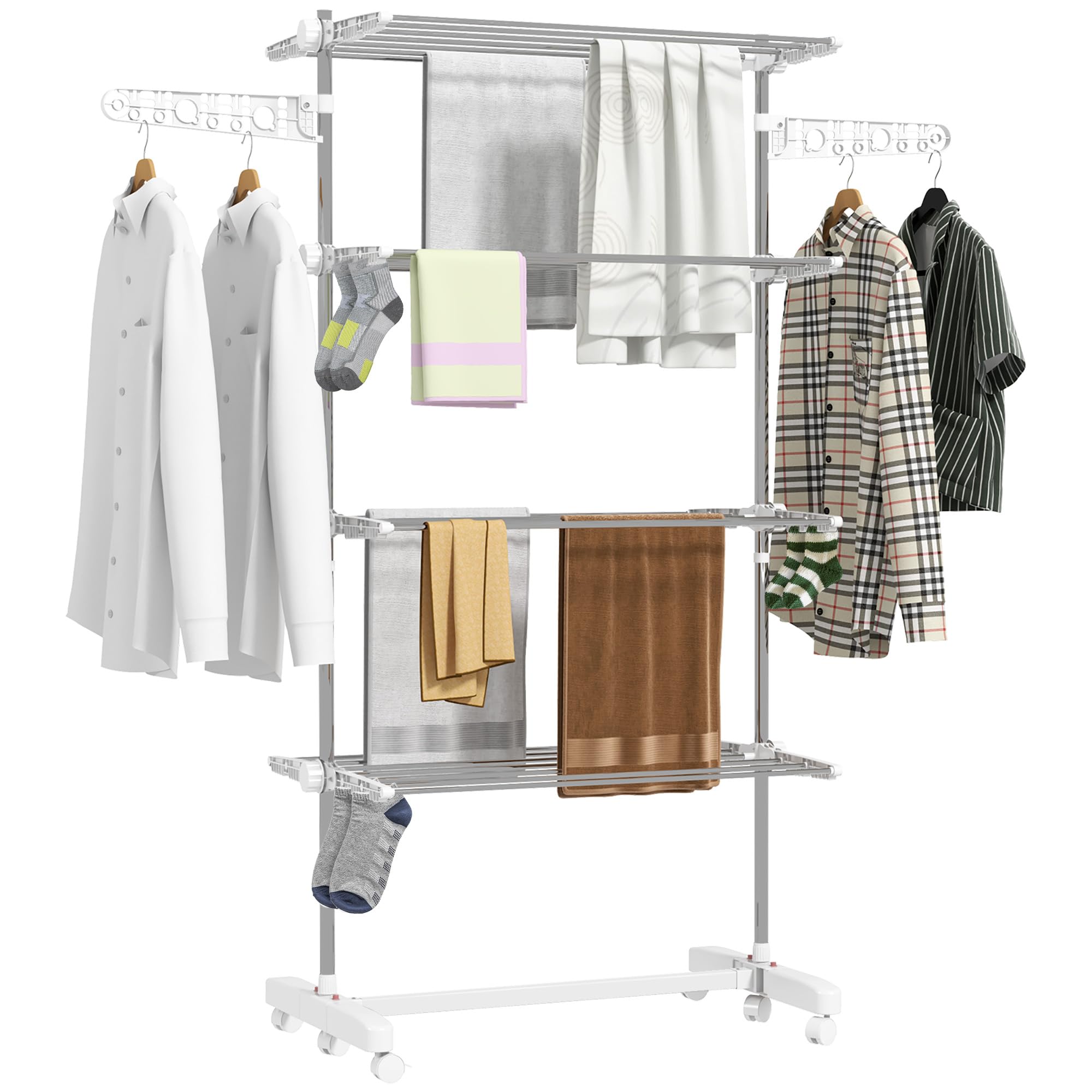 HOMCOM 4-Tier Clothes Airer, Stainless Steel Foldable Clothes Drying Rack with Wheels and Wings, Indoor and Outdoor, Easy Assembly, 142 x 55 x 172cm, White