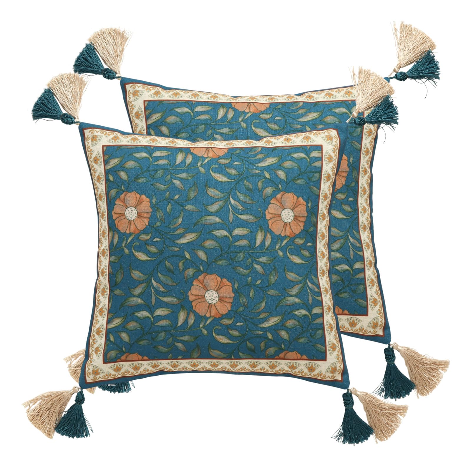 Photo 1 of patdrea Designer Square Throw Pillow Covers Set of 2,French Floral Blue Farmhouse Linen Vine Branch Pattern Pillow Cover,Decorative Pillowcases Cushion for Bed Living Room Outdoor Car,18"x18"