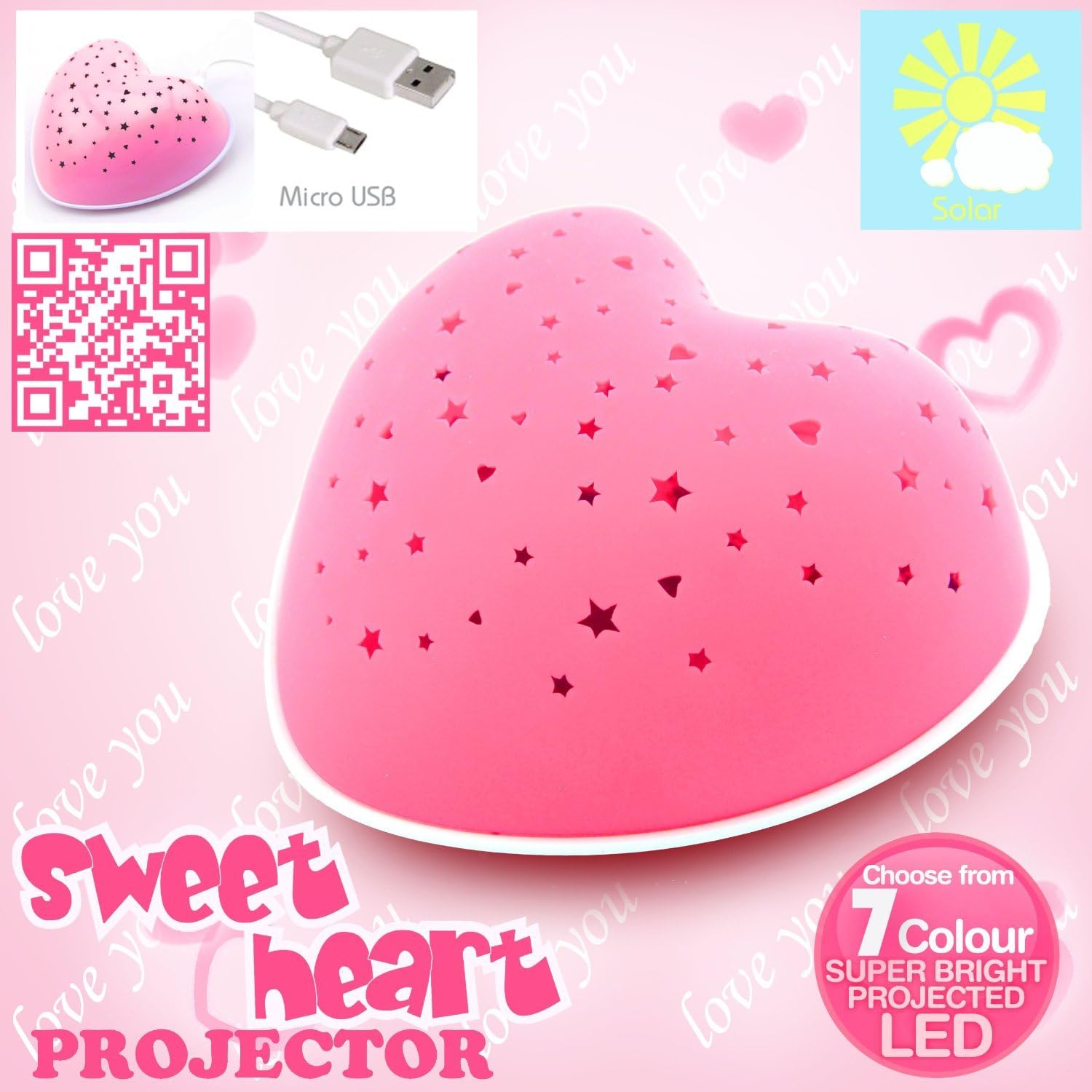 Lumitusi Micro USB + Solar Rechargeable Heart Projection Night Light