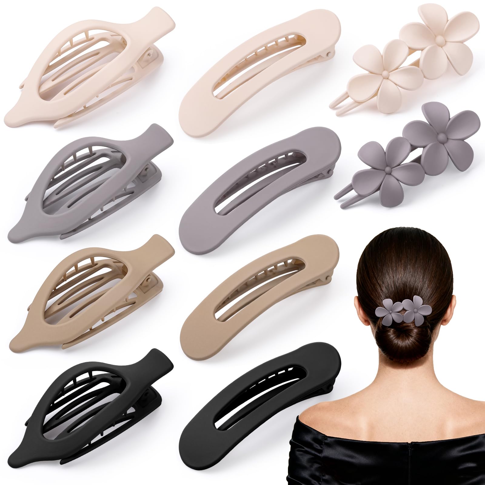 Photo 1 of 10 Pcs French Flat Hair Clips for Women, 3 Styles Lay Flat Claw Clips Non-slip Matte Hair Claws for Thin Thick Hair