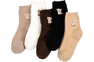 5 Pairs Highland Cow Fuzzy Socks Women, Cute Cow Slipper Socks, Embroidered Plush Sleeping Sock, Mother's Day Valentines Gift