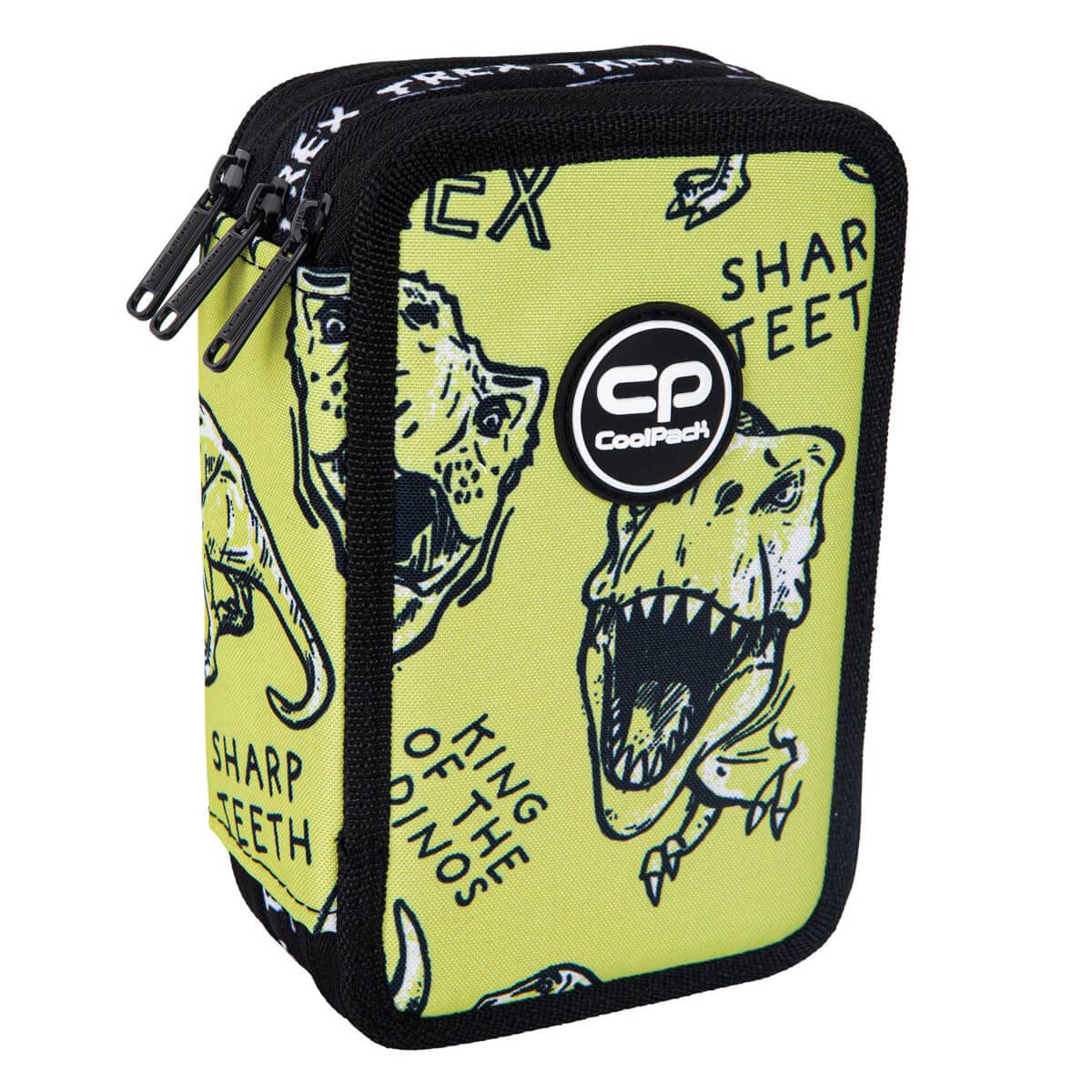 CoolPack XXL Pencil Case 3-Compartment School Pencil Case Triple Pencil Case for Girls Boys Pencil Case 44-Piece Filled Student Case 3-Tier Dino Adventure, Multicoloured, Pencil Case