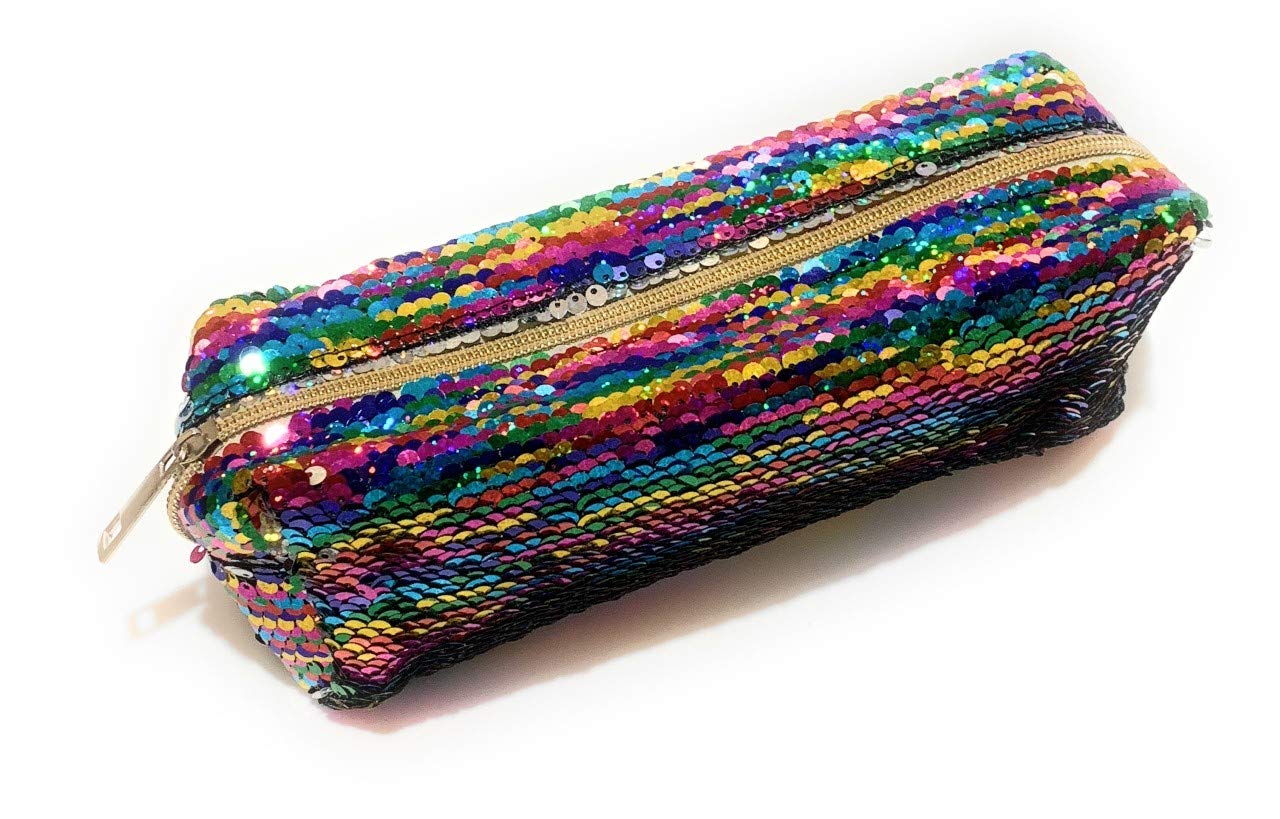 Large Colourful Rainbow Silver Reversible Sequin Pencil Case School College Uni Make Up Bag Pouch for Girls