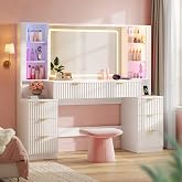 HAUOMS Big Vanity Desk, Fluted Makeup Vanity with Mirror Lights, Dressing Table (White, 59.1" Width)