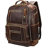 LANNSYNE Men's Vintage Full Grain Leather 15.6 Inch Laptop Backpack Camping Travel 24L Rucksack