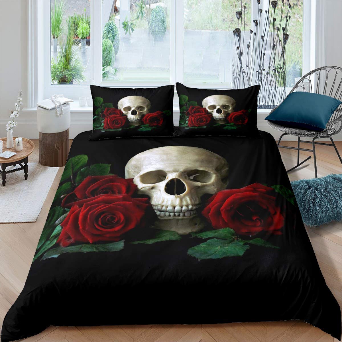 Loussiesd Skull Duvet Cover Rose Floral Print Bedding Set for Boys Girls Adults Horror Skeleton Comforter Cover Gothic Bones Print Bedspread Cover Bedroom Collection 3Pcs Double Size