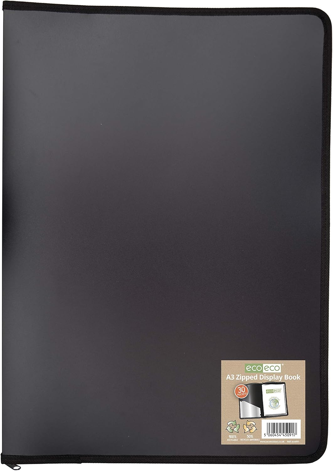 eco-eco A3 50% Recycled 30 Pocket Black Zipped Presentation Display Book, File Folder, Artwork Portfolio with Plastic Sleeves, eco091