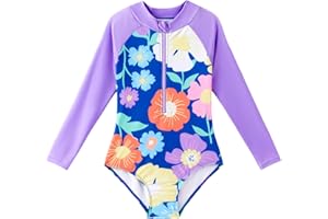 Angel season Girls Long Sleeve Swimsuits One Piece Rash Guard Bathing Suit UPF50+ Toddler Kids Zipper Swimwear Size 2-10