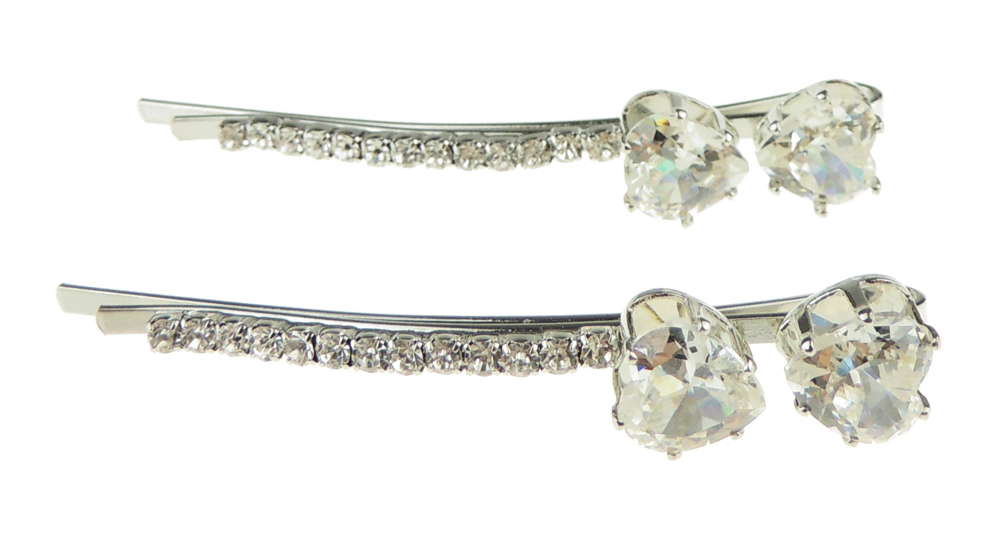 Womens Girls Sparkly Bow Rhinestone Jeweled Crystal Diamante Party Birthday Christmas Bridal Wedding Accessories Slides Hairpin Hair Clips Grips Bobby Pins Silver Tone Set of 2 Round Heart