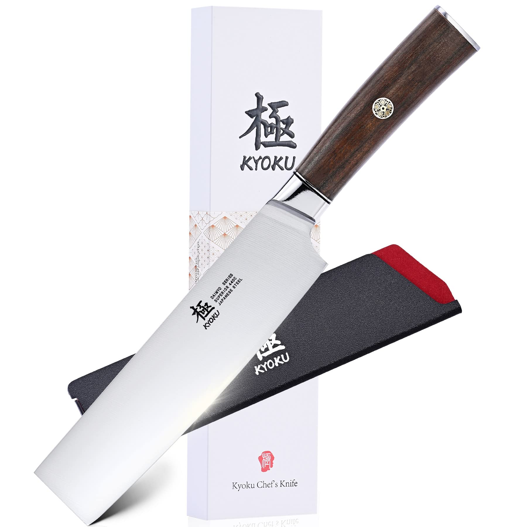 KYOKU 7 Inch Nakiri Knife - Daimyo Series - Vegetable Cleaver with Ergonomic Rosewood Handle, & Mosaic Pin - Japanese 440C Stainless Steel Kitchen Knife with Sheath & Case Image