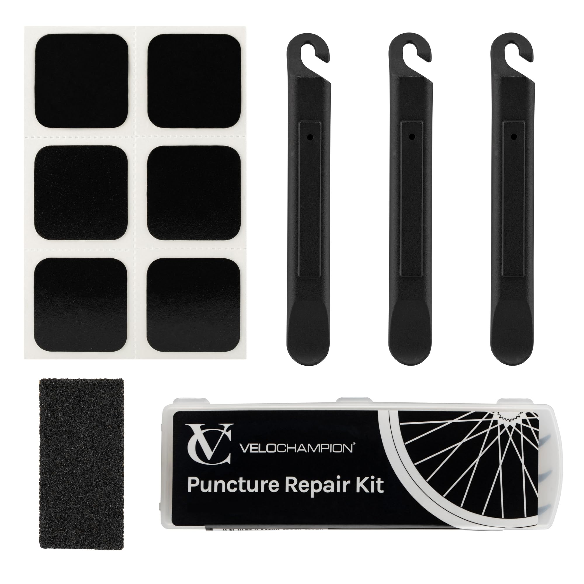 VeloChampion Bike Puncture Repair Kit. Self Adhesive, Quick Fix Inner Tube Kit. Glueless Tyre Patches for Road, MTB, BMX, Ebike. Travel Size. 6 Pieces & 3 Tyre Levers & Sandpaper