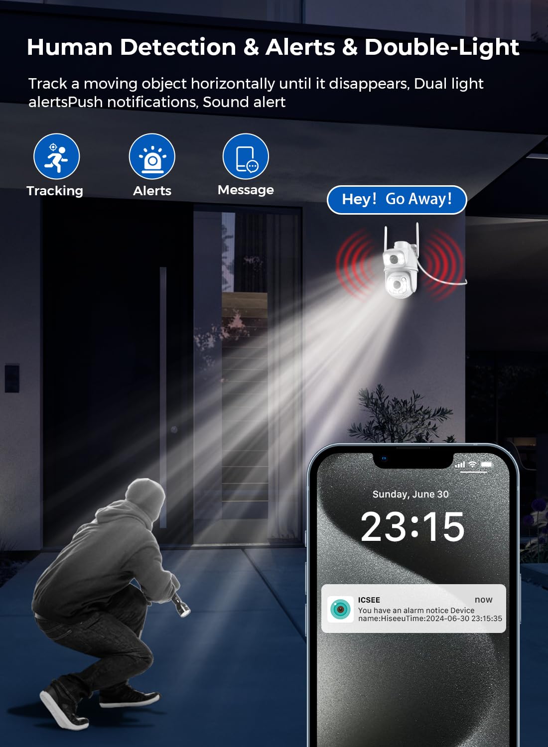 Outdoor Camera Wireless for Home Security, 2K/6MP Outside WiFi Cameras IP66 PTZ Outdoor Camera with Dual Lens, Auto Tracking,Human Detection,Color Night Vision,24/7 Record,Two-Way Audio,Support Alexa
