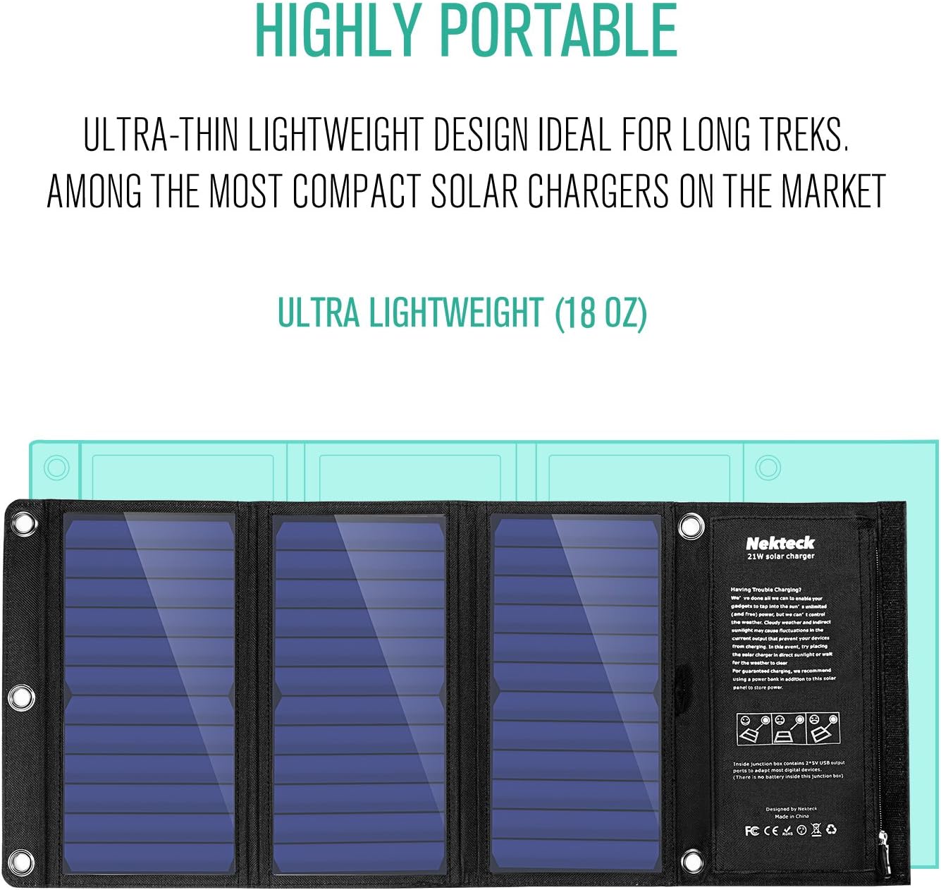 Nekteck 21W Portable Solar Panel Charger, Waterproof Camping Gear Solar Powered Charger with 2 USB Port for iPhone X/8 Plus, Samsung Galaxy s9/s8,iPad, Tablet and Any USB Devices