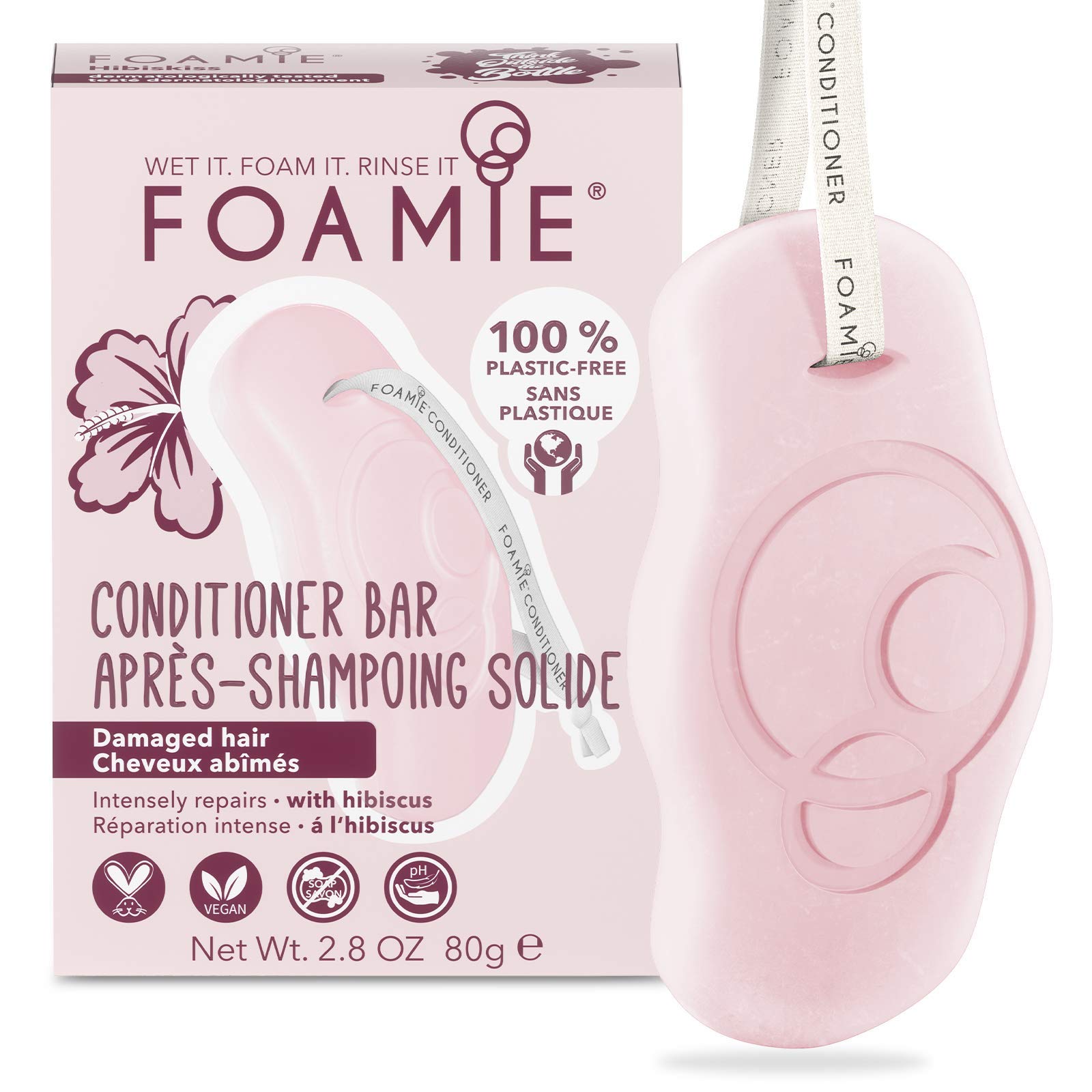 FOAMIE Conditioner Bar, Hibiscus for Damaged Hair, Plastic-Free, pH-Balanced, Soap-Free, No Sulphates or Parabens. Made in the UK.