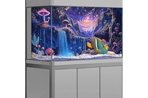 Coveimes 30" X 12" Galaxy Space Planet Aquarium Background, Waterfall Landscape Tapestry Fantasy Mountain Wave Wall Tapestry Mysterious Neon Plants Fish Tank with 10 EVA Double-Sided Tape