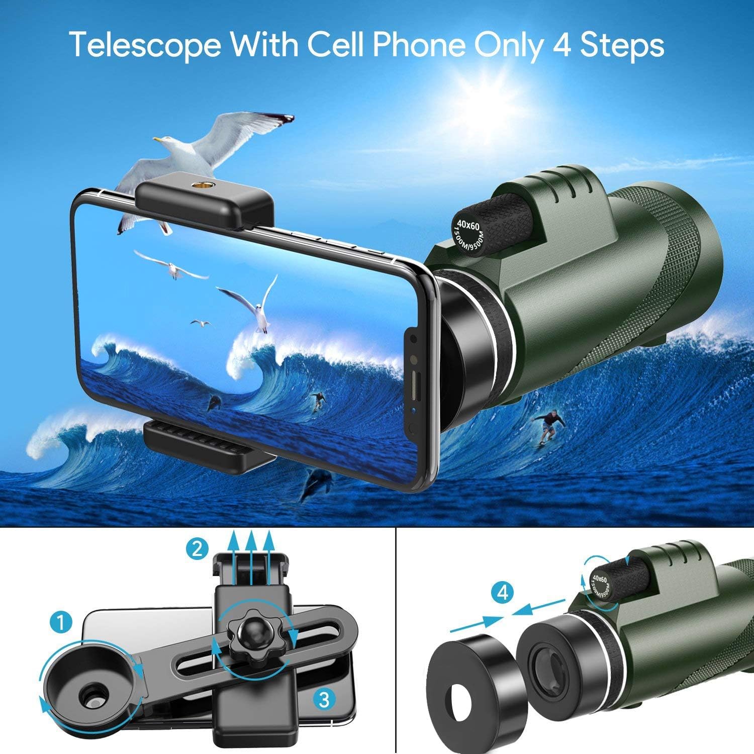 Pankoo 40x60 Monocular Telescopes High Power Prism Monocular HD Dual Focus Scope for Bird Watching Wildlife Traveling Concert Sports Game with Phone Adapter&Tripod : Camera & Photo