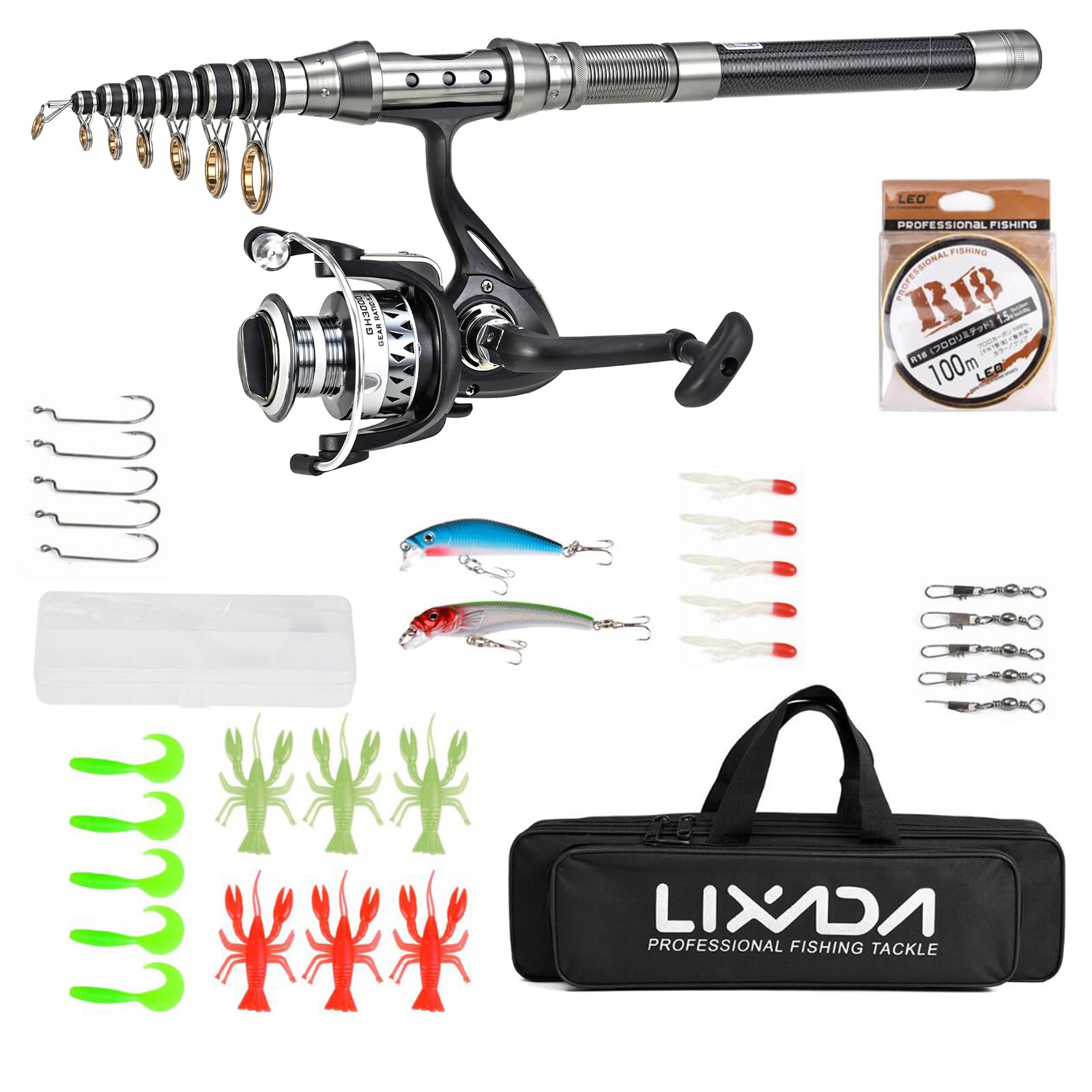 Lixada Telescopic Fishing Rod and Spinning Reel Combo Set,Carbon Fiber Telescopic Fishing Rod,Fishing Line,Fishing Lures Kit Accessories&Fishing Bag for Saltwater Freshwater (Style-3 1.5M)
