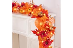 BLEUM CADE Fall Decorations Fall Garland - Fall Leaves Garland, 5.9FT Fall Garland with Lights for Mantle, Autumn Pumpkins Mesh Ribbon Fall Leaf Garland for Home Decoration