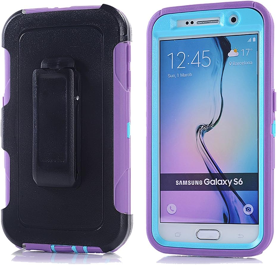 GalaxyS6,Harsel Heavy Duty Shockproof 3-Layer Military Outdoor Sport Rubber Camouflage Wood Design Defender Case Cover with Belt Clip Built-in Screen Protector for Samsung Galaxy S6(Purple LightBlue)