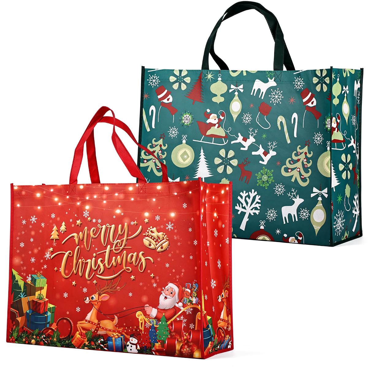 Christmas Giant Gift Bags, Heavy Duty Treat Tote Grocery Bags with Handles, Sewing Non-Woven Bags for Gifts Wrapping Shopping, Xmas Party Supplies (Red & Green)