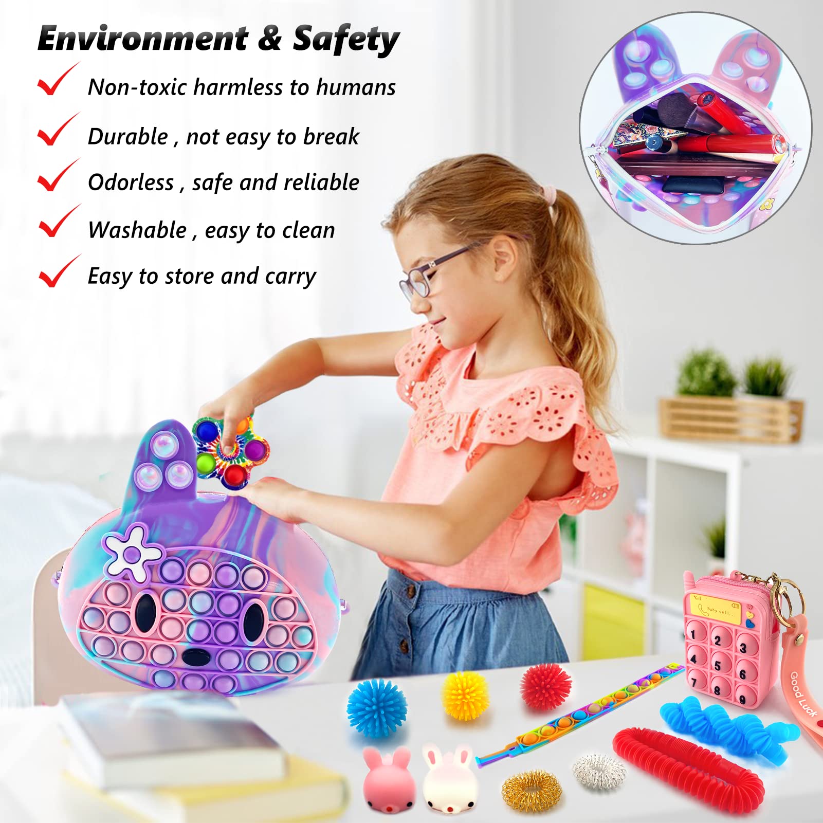 Exun Pop Crossbody Purse Bags Fidget Toy Pack, Bunny Shoulder Bag Mini Sensory Toys, 3 4 5 6 7 8 9 10 Year Old Birthday Party Gift for Girls Kids, Easter Valentine Christmas Stocking Stuffers