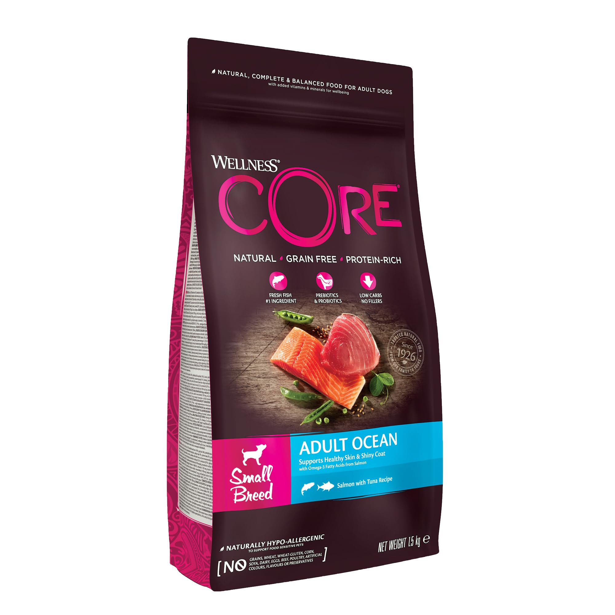 Wellness CORE Ocean 1.5 kg, Salmon & Tuna – Dry Dog Food for Small Breeds, Grain-Free, Natural, Hypoallergenic, Protein-Rich, High Fish Content, Supports Healthy Skin & Shiny Coat