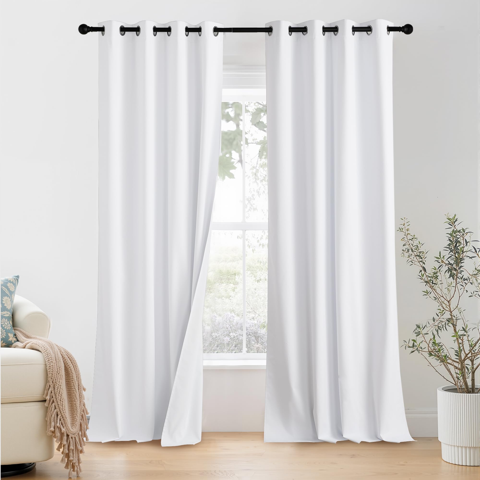 Photo 1 of NICETOWN 100% Blackout Window Curtain Panels 90 inch Length for Living Room, Set of 2, Snow White, 55 inches Wide, Thermal Insulated Extra Long Drapes for Patio Sliding Door