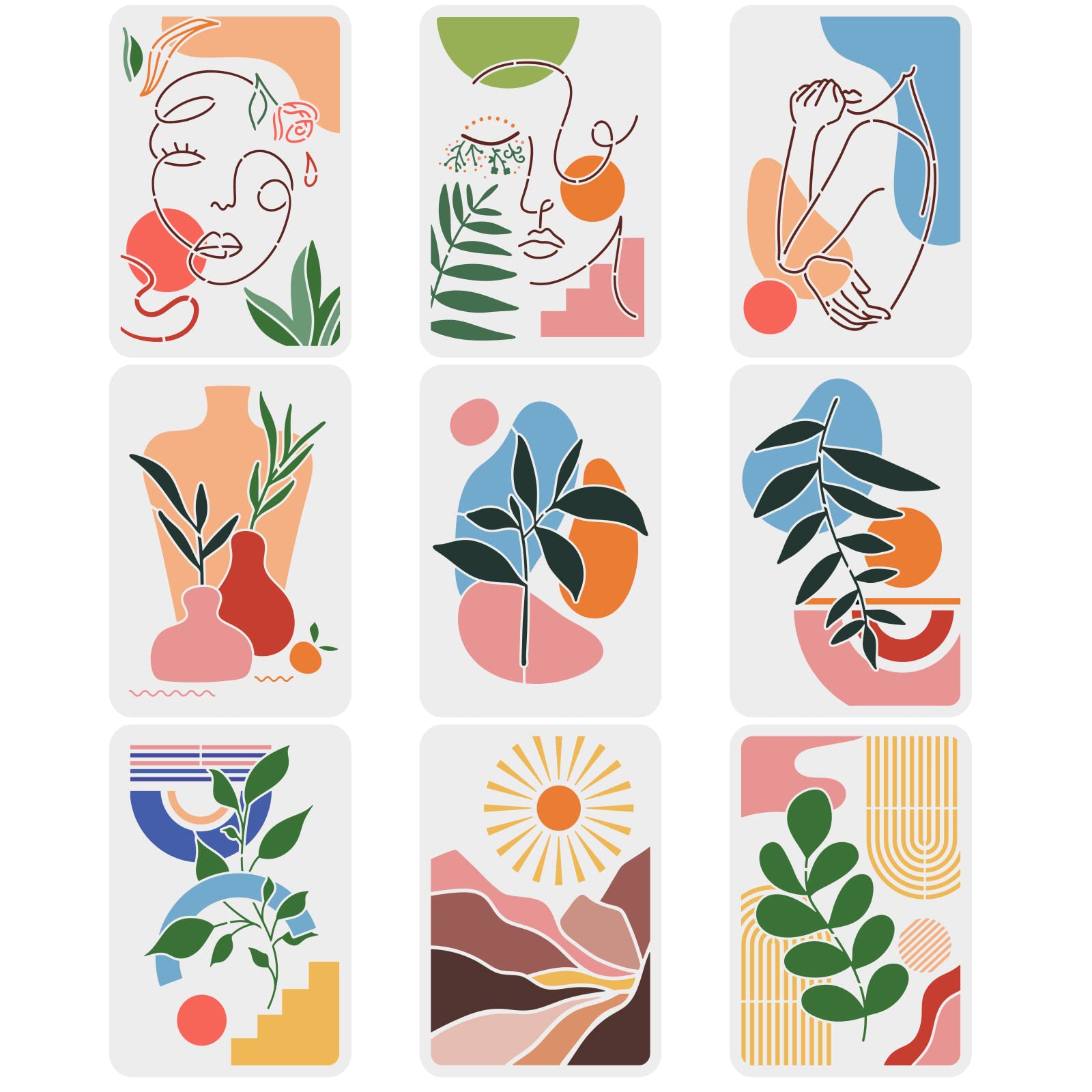 FINGERINSPIRE 9PCS Boho Sunrise Stencil Abstract Art Stencils 29.7x21cm Large Reusable Tropical Plants Template Female Face Painting Stencils Geometric Art Stencil for Wood, Canvas, Paper