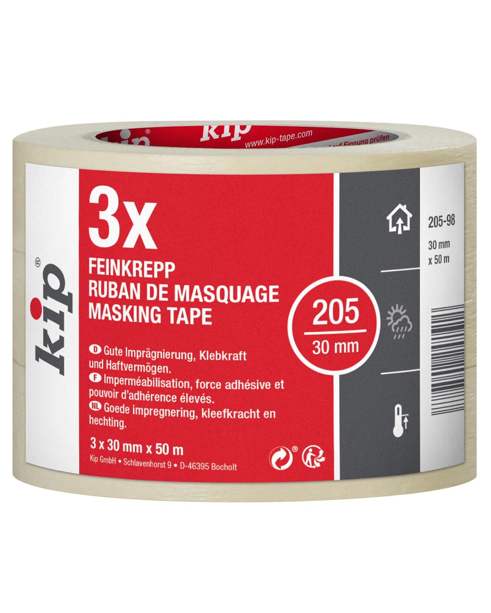 Kip Masking Tape 205-98, Professional and Impregnated, Fine Crepe Masking Tape for Painting and Varnishing, 30 mm x 50 m