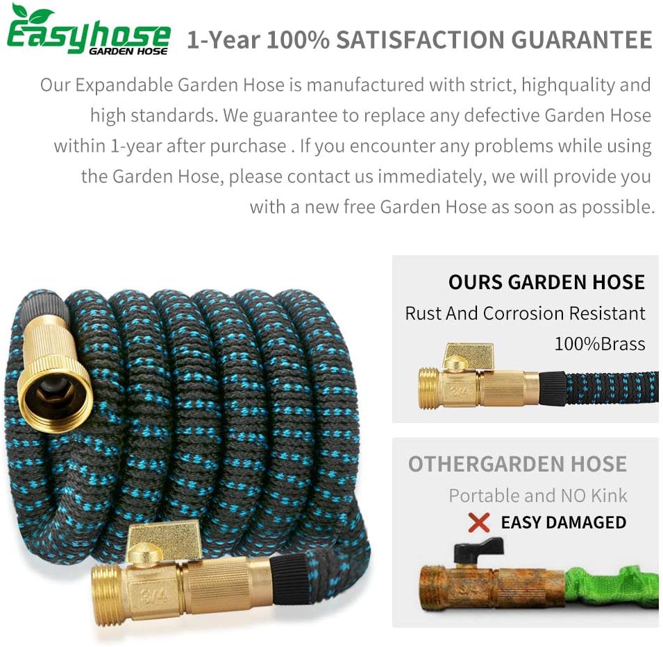 EASYHOSE 50ft Expandable Water Garden Hose, Expanding Flexible Hose with Strength Stretch Fabric with Brass Connectors - 9 Way Spray Nozzle +12 Months Warranty : Garden & Outdoor