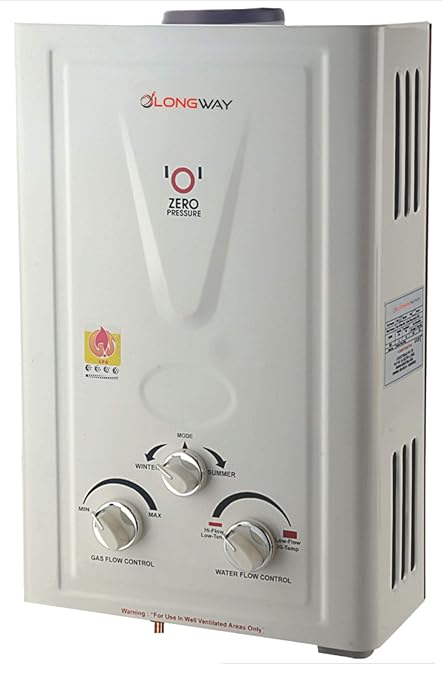 LONGWAY Xolo DLX 7 LTR LPG Instant Gas Water Heater Geyser 5 Way Protection (100% Copper Tank) T.O.P Function, 20 minut Timer (Color-Off White)