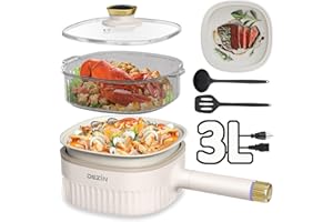 DEZIN Hot Pot Electric 3L, Nonstick Electric Pot with 1 Grill Pan & 1 Steamer, 3-in-1 Electric Cooker with Dual Power Level for Dorm, Family & Friend Gathering, 1000W Portable Pot for Ramen/Steak/Soup