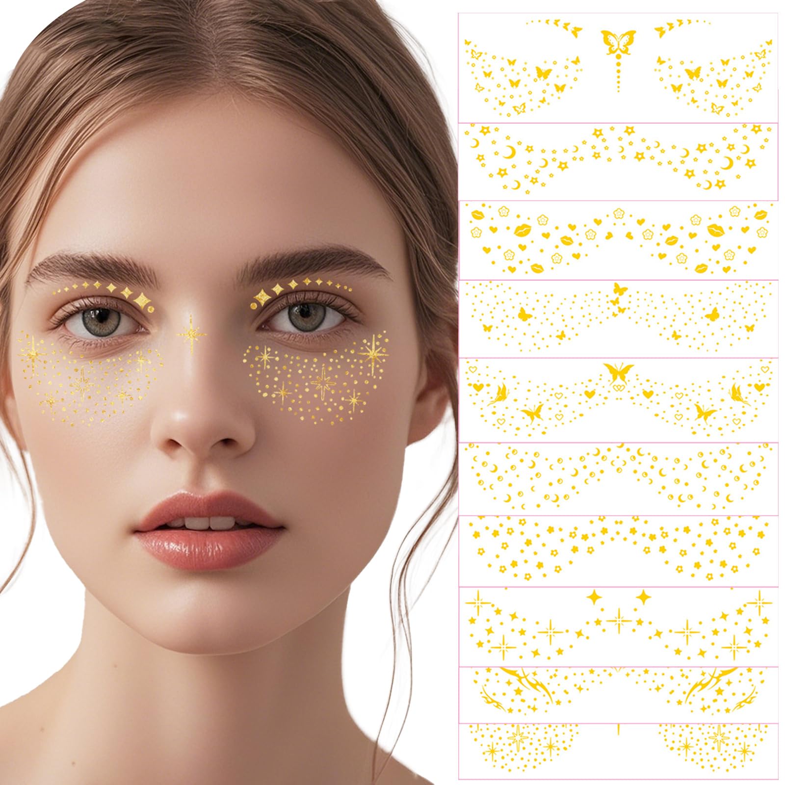 KASESSS 10 Pcs Glitter Freckles Face Tattoo, Glitter Freckles Tattoo, Gold Freckles Shiny Temporary Face Tattoos, Water-Repellent Freckles Metallic Tattoo Stickers for Festivals Masquerade Party
