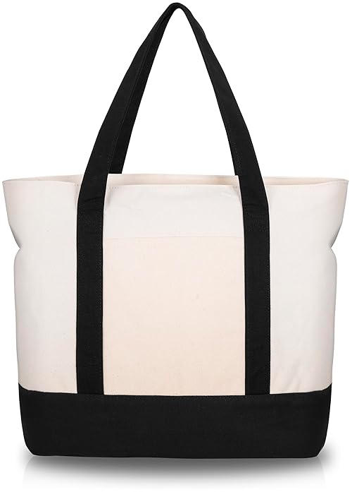OUUTMEE Canvas Tote Bag, Reusable Shopping Bags, Women's Canvas Beach Bag, Large Shoulder Bag with Zipper & an External Pocket for Daily Essentials (Black/Natural)