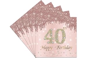 40th Birthday Decorations for Men Women,Supplies Cocktail Napkins Rose Gold 40 Pack,Disposable Birthday Party Supplies, Happy