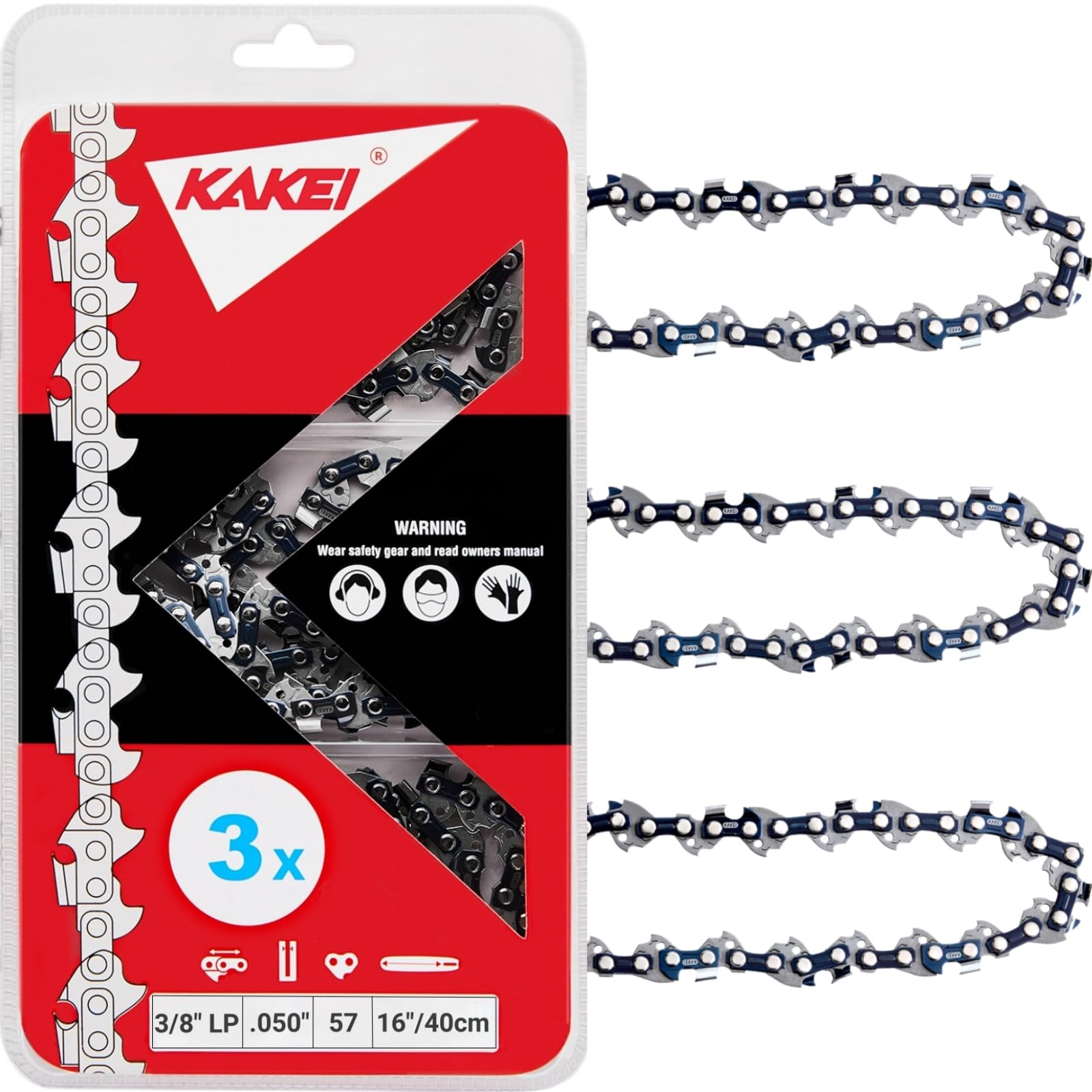 Photo 1 of KAKEI Echo Chainsaw Chain 16 Inch 3/8" LP Pitch .050" Gauge 57 Drive Links- 91PX57CQ/ 91VG57CQ Fits Echo CS-3510/352/3400/400, Worx WG300,WG303 - S57 (3 Chains)