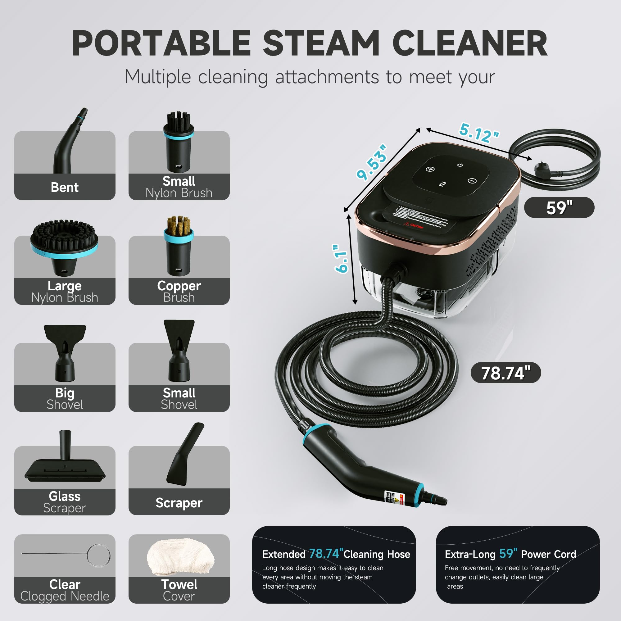 Goodtrust Steam Cleaner, Portable Steamer for Cleaning, Multipurpose Cleaning Steamer with Replacement Heads for Home, Dirt, Grease, Grout, Tile,Floor, Car Detailing