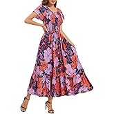 Summer Floral Smocked Maxi Dress for Women Casual Short Sleeve Flowy Long Boho Beach Party Dresses with Pockets