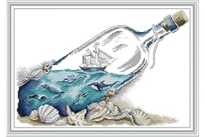 Funcrostitch Counted Cross Stitch Kits for Beginners,14ct Unprinted Pattern Embroidery Kit Dmc Cotton Threads Needleworks for Adults-Sea in A Bottle 16.5"×11.8"