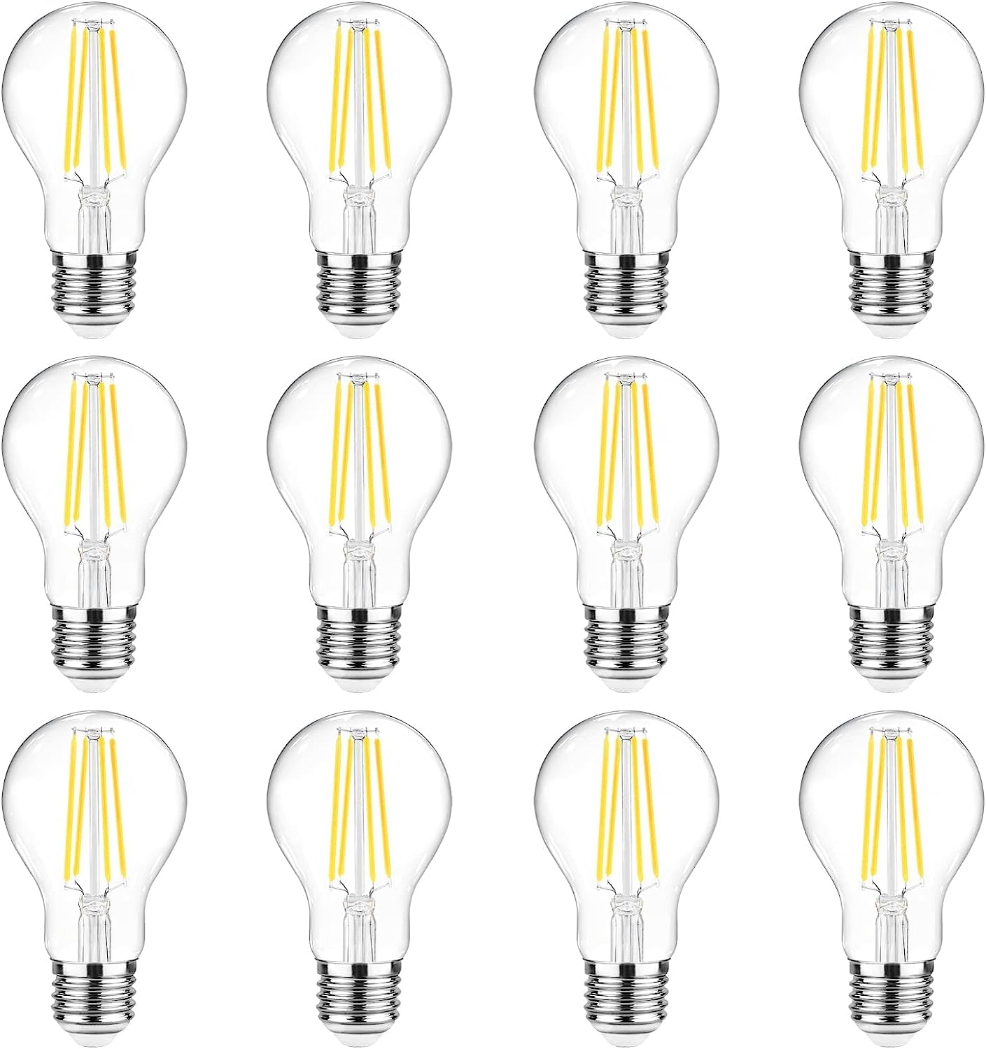 Ascher 60 Watt Equivalent, E26 LED Filament Light Bulbs, Daylight White 4000K, Non-Dimmable, Classic Clear Glass, A19 LED Light Bulb with 80 CRI, Pack of 12 Image