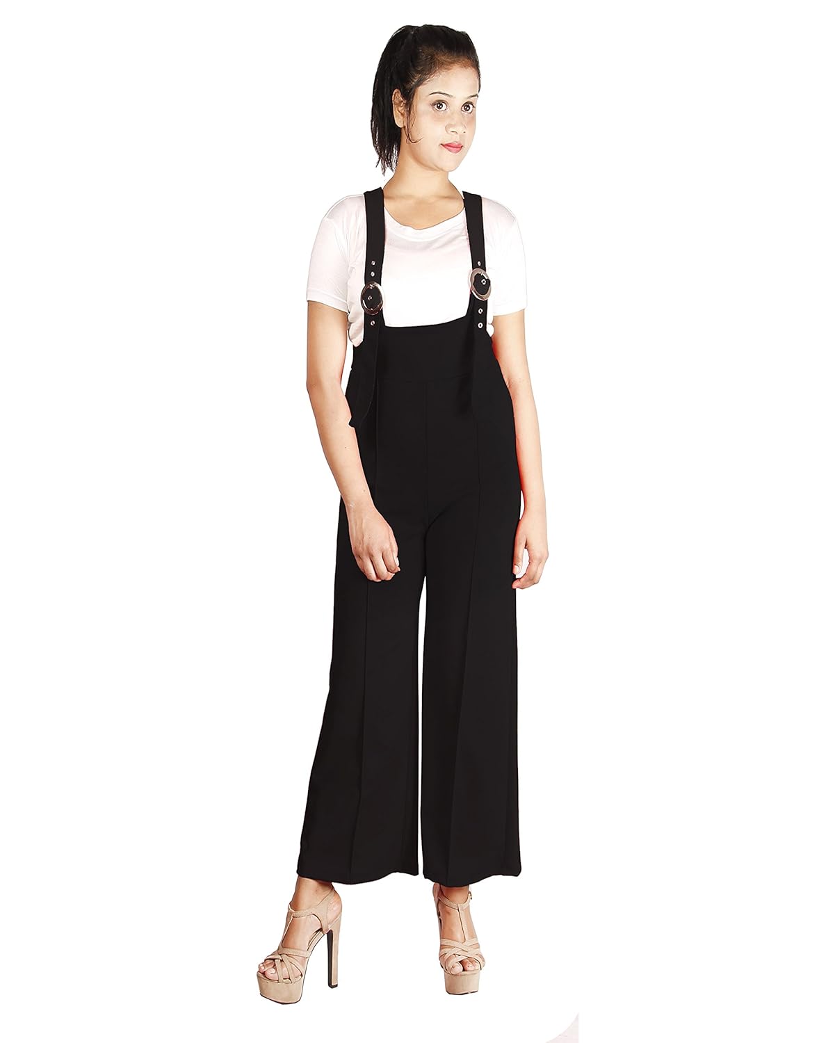 mitra creations skater pants with cross back overalls for pretty women - circle buckle belt pant jumpsuit - d