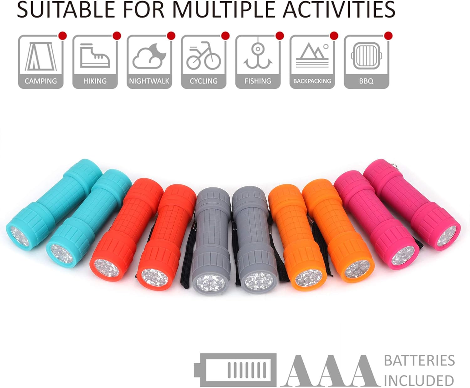 FASTPRO 10-Pack, 9-LED Mini Flashlight Set, 30-Pieces AAA Batteries are Included and Pre-Installed, Perfect For Class Teaching, Camping, Wedding Favor - - 