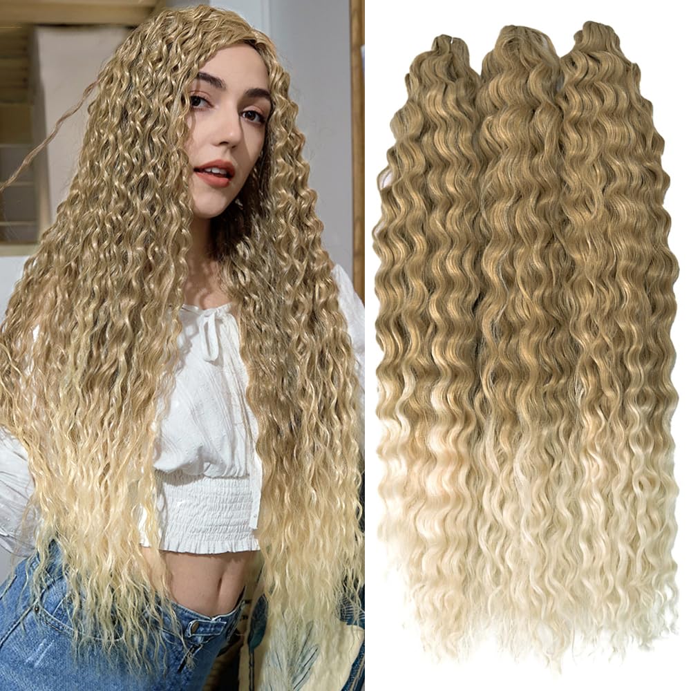 PORSMEER 3 Packs 22" Wave Crochet Hair Twist Deep Wave Curly Braiding Hair Extension Synthetic Ocean Wavy Hair Bundles Ombre Blonde for Women & Girls — image 1