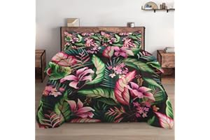 WeCozy Queen Size Comforter Set with 2 Pillowcases, Tropical Leaves Flower Hibiscus Soft Bedding Set for Kids and Adults Bedroom Bed Decor