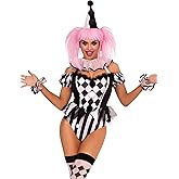 Leg Avenue Women's 4 Pc Captivating Circus Clown with Snap Crotch Bodysuit With Neck Ruffle, Wrist Ruffles, Hat Headband