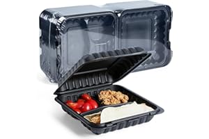 YANGRUI Food Containers Mineral Filled PP Plastic - 55 Pack 8x8 34 oz BPA Free | Shrink Wrap Microwave Safe | Reusable & Disposable Heavy Duty Clamshell Takeout | Black To Go 3 Compartment Lunch Box