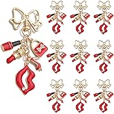 PHAETN 10PCS Fashion Charm Keychain with Gold Bow, Red Lipstick, Handbag, High Heel and Lips Charms, Crystal Accents Metal Bowtie Charm Cosmetic Key Chain for Women's Gift