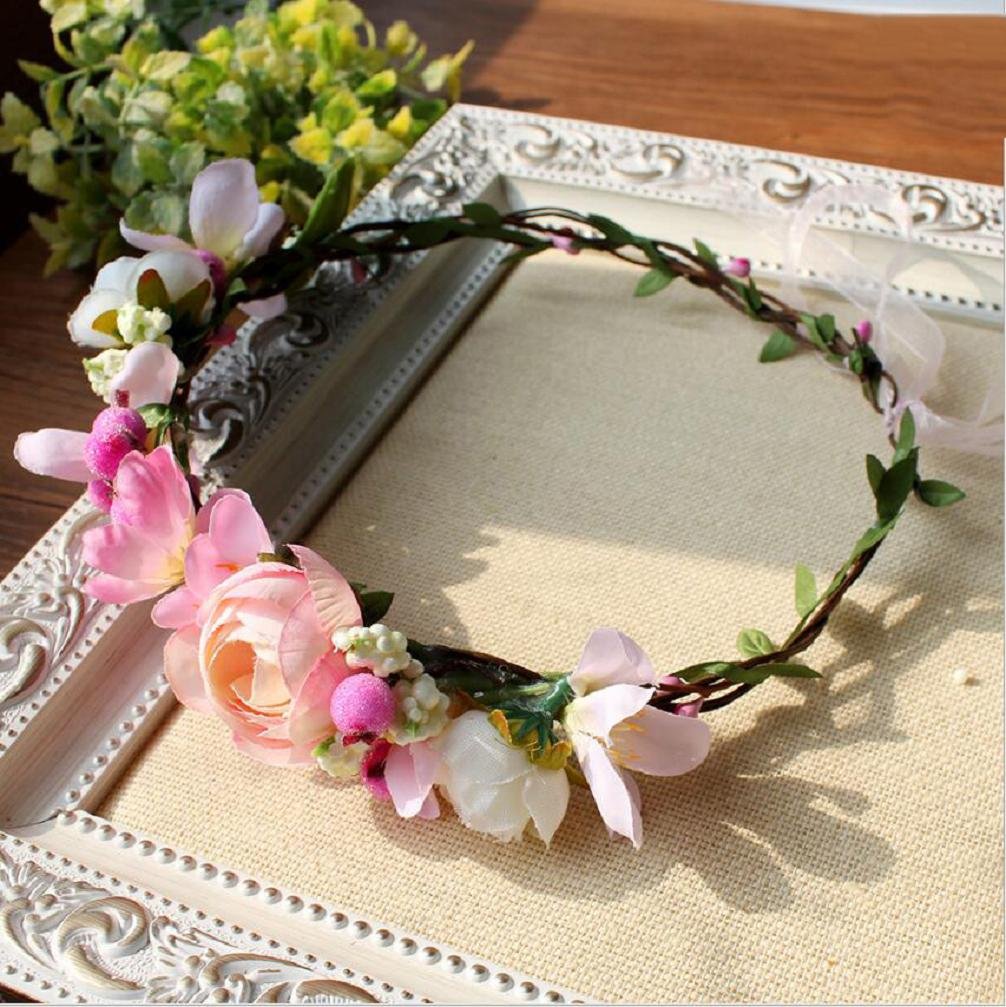 Women White & Pink Bridal Handmade Flower Crown with Adjustable Ribbon Wedding Festivals Floral Wreath Headband Floral Garland