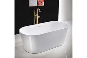 WOODBRIDGE 67" Acrylic Freestanding Bathtub Contemporary Soaking White Tub with Brushed Gold Overflow and Drain，B0013-BG
